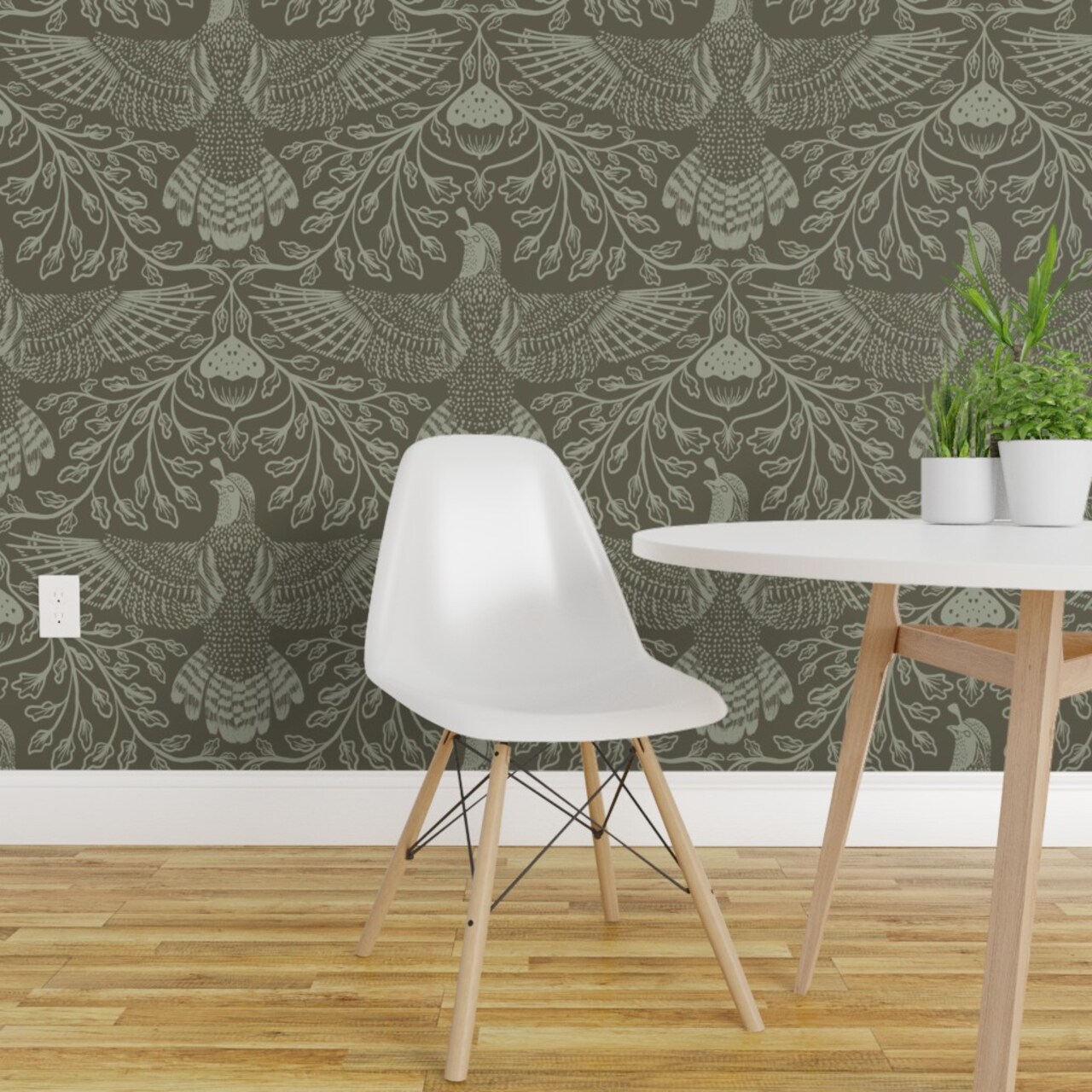 Pre-Pasted Wallpaper 2FT Wide Autumnal Nature Forest Woodland Traditional Cabincore Lodge Acorn Game Bird Quail Leaves Trees Wingspan Autumn Winter Green Large Scale Rustic Custom Pre-pasted Wallpaper by Spoonflower